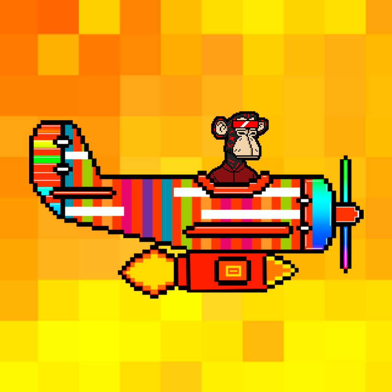 Pixel ape piloting a red striped plane