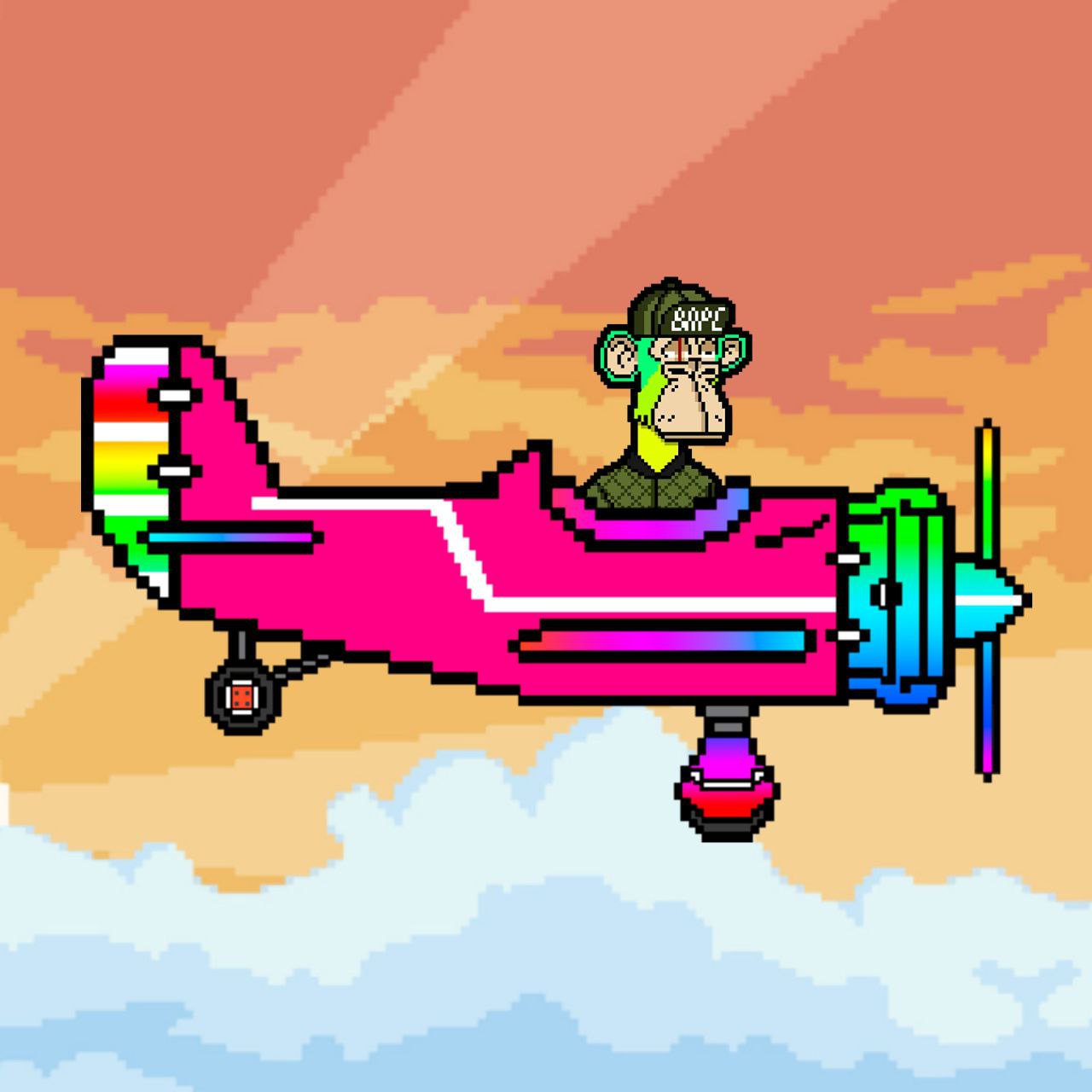 Pixel ape piloting a pink and rainbow plane