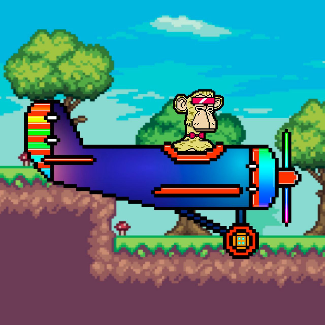Pixel ape piloting a blue plane in retro game world